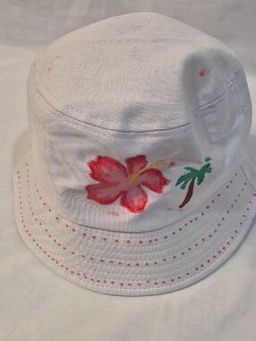 White Bucket Hat with Hand-Painted Pink Hibiscus & Palm